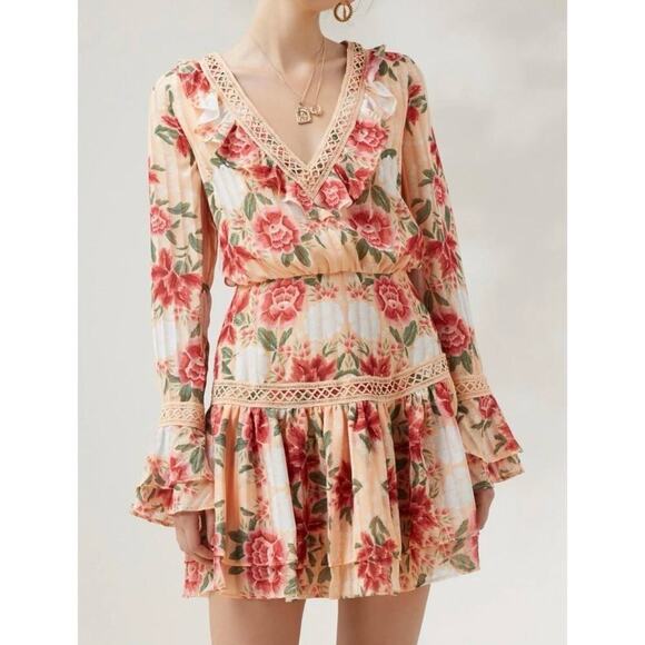 Finders Keepers ARCADIA Mini Dress in Glow Floral w/ Long Layered Sleeves SM - Picture 1 of 15